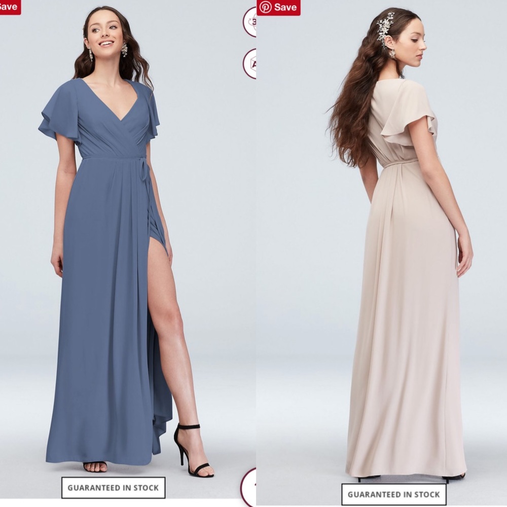 NWT David’s Bridal Flutter Sleeve Georgette Wrap Bridesmaid Dress (Steel Blue)